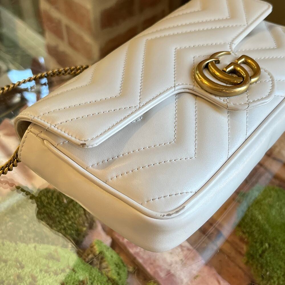 GUCCI Mini GG Marmont White Matelassé Calfskin Leather Shoulder Bag - Picture 9 of 11